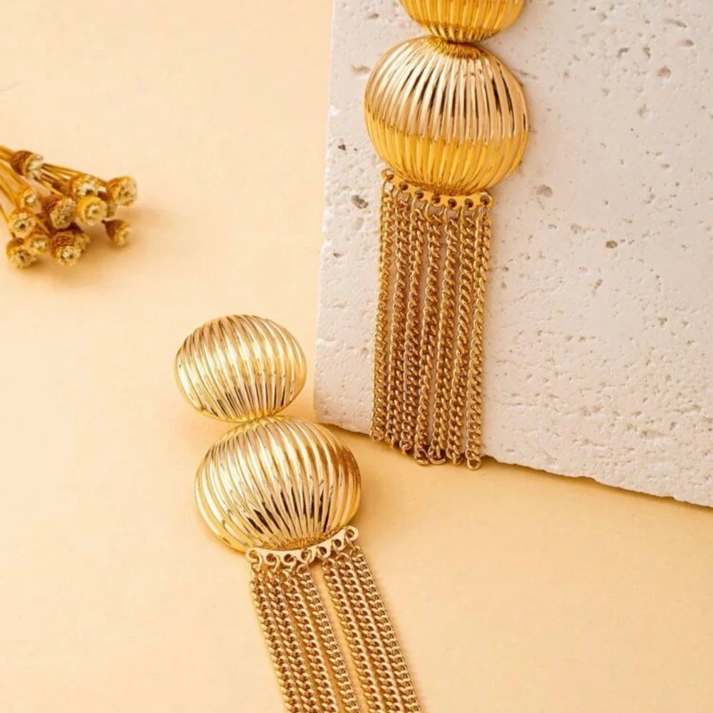 2/$30🌵 Gold Ribbed Circle Metal Long Tassel Chain Earrings Boho Jewelry Gift NEW